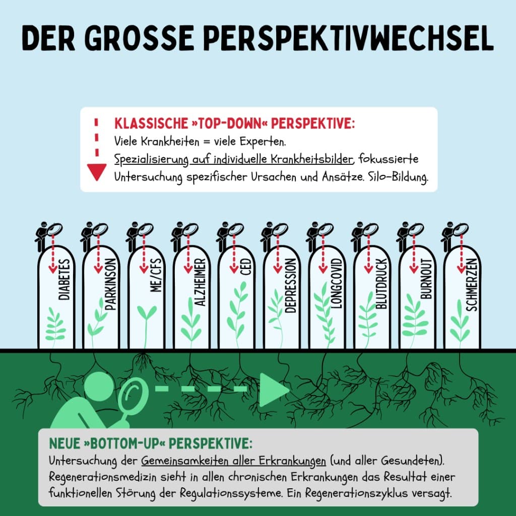 Infografik: Der große Perspektivwechsel — klassische Top-Down-Perspektive mit Krankheitssilos versus neue Bottom-Up-Perspektive mit gemeinsamen Ursachen in den Regenerationssystemen